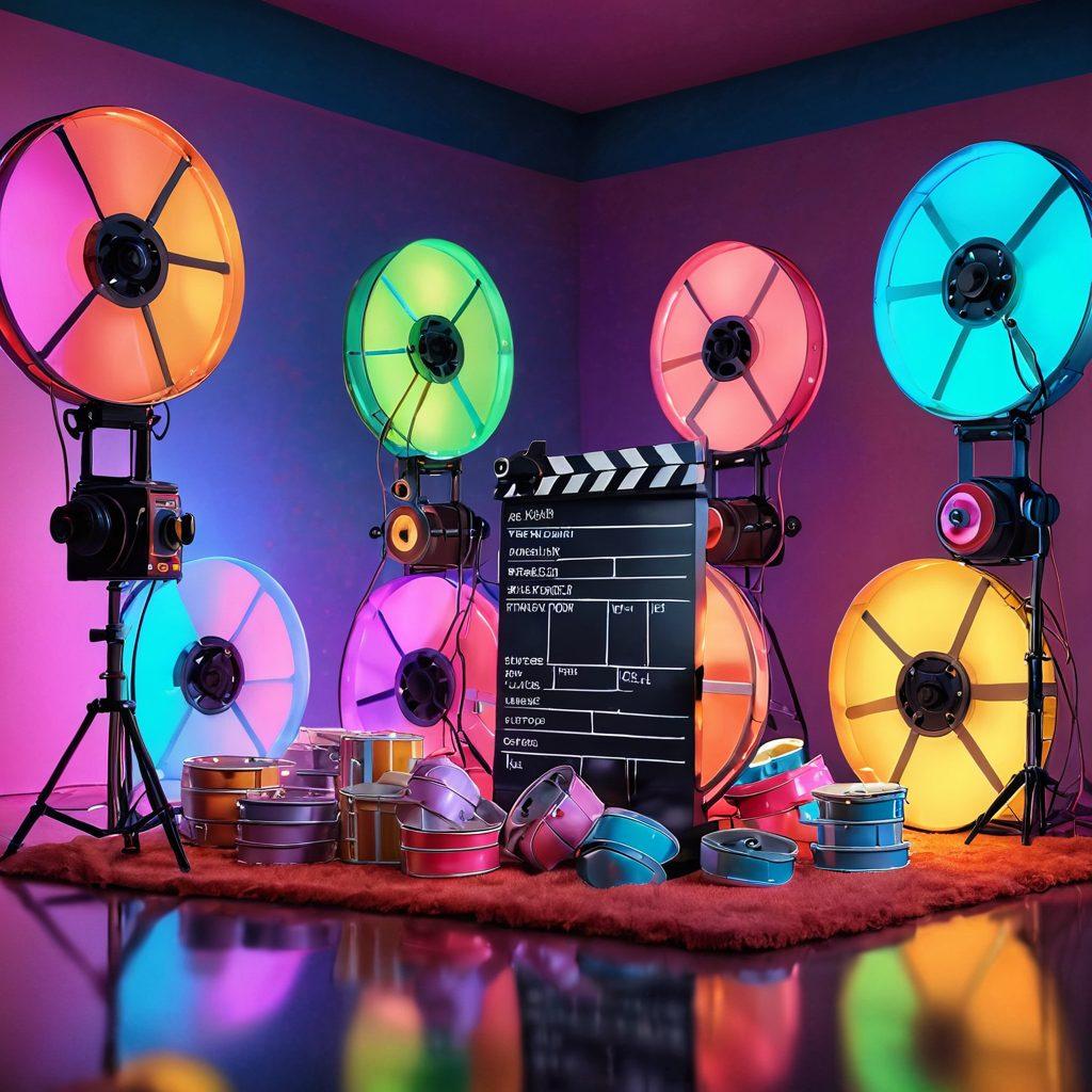 A vibrant film set with colorful lights casting reflections, showcasing a diverse group of queer filmmakers discussing a screenplay about cancer awareness. Include elements like film reels, a cancer ribbon symbol, and spotlights illuminating the scene, radiating positivity and hope. Bright colors to represent strength and diversity. cinematic style. vibrant colors. 3D.