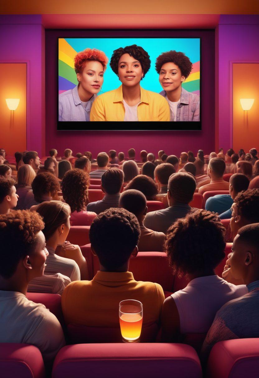 A vibrant cinema scene filled with diverse individuals of various identities and orientations, watching a heartfelt queer film. The screen glow reflects on their faces, showcasing joy and connection. Include colorful movie posters in the background that celebrate LGBTQ+ culture. Design the scene to convey warmth, support, and community spirit. super-realistic. vibrant colors. warm lighting.